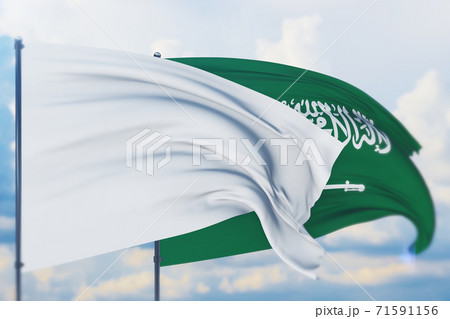 White flag on flagpole waving in the wind and flag of Saudi Arabia. Closeup view, 3D illustration. White flag on flagpole waving in the wind and flag of Saudi Arabia. Closeup view, 3D illustration. 71591156