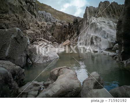A large rock pool sitting between the tides with smooth rocks from sea erosion. Location: Caswell Bay, Gower, Wales, UK A large rock pool sitting between the tides with smooth rocks from sea erosion. Location: Caswell Bay, Gower, Wales, UK 71592192