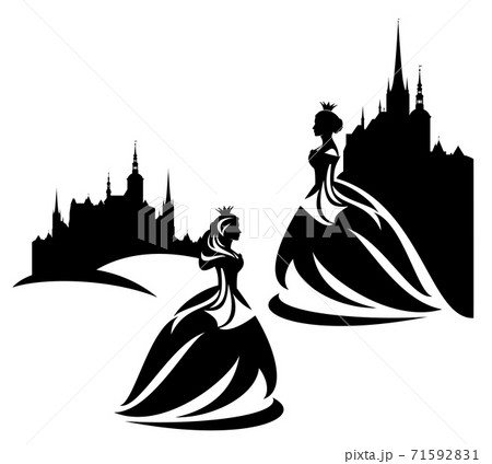 Fairy Tale Queen And Medieval Castle Black のイラスト素材