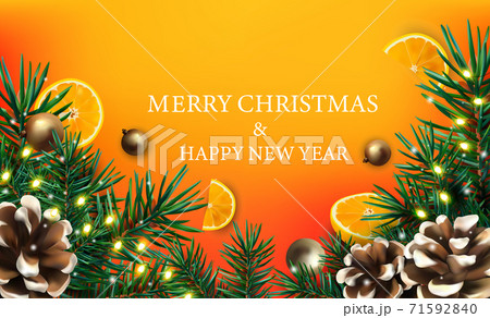 Realistic Christmas border of pine branches, pine cone, orange, Christmas light Garland. Merry Christmas and Happy New Year. Christmas illustration for your poster, banner, cards. Vector illustration 71592840