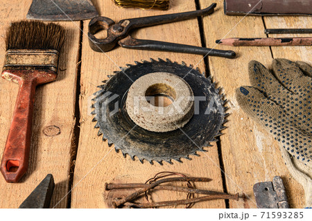 Old vintage household hand tools still life on a wooden background in a DIY and repair concept Old vintage household hand tools still life on a wooden background in a DIY and repair concept 71593285
