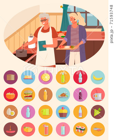 Granny and Granddaughter Cooking Together Set 71593748