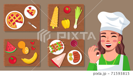Cook woman blogger, food, dishes. Cooking online, cooking blog. Flat image on brown background 71593815