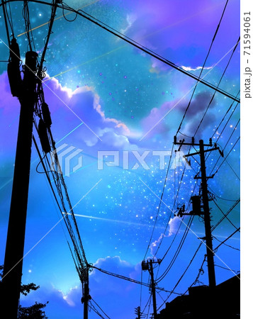 下から見上げた電柱のシルエットと輝く星と夜空の風景画のイラスト素材 下から見上げた電柱のシルエットと輝く星と夜空の風景画のイラスト素材
