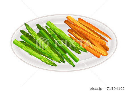 Raw Asparagus and Carrot Served on Plate Vector Illustration 71594192