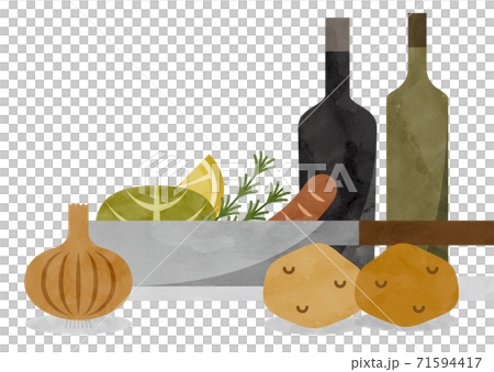 フライパン料理イメージの水彩風イラスト フライパン料理イメージの水彩風イラスト 71594417