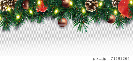 Realistic Christmas decor with of pine branches, pine cone, pomegranate, sparkles, light garland and Christmas toys on transparent background. Illustration for your poster, banner, cards. Vector 71595264