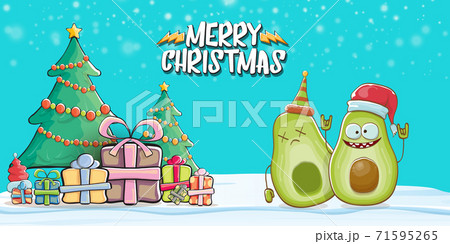 Merry Christmas vector funky greeting horizontal banner or card with Santa Claus avocado character and his elf friend on snowy winter background. Vector funny christmas party poster design template 71595265