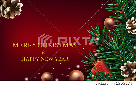 Merry Christmas and Happy New Year. Christmas decor with of pine branches, pine cone, pomegranate, sparkles, and Christmas toys on red background. Illustration for your poster, banner, cards. Vector  71595279