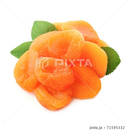 Dried apricots with leaves  isolated on white backgrounds. 71595332
