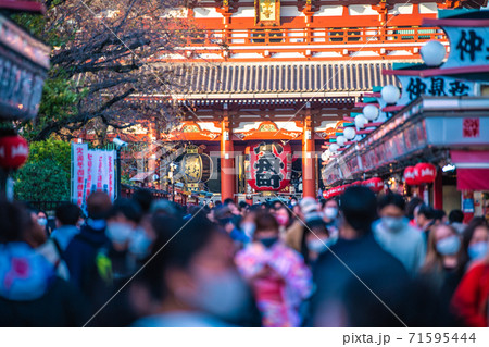 日本の東京都市景観　新型コロナの感染拡大が続く中、マスク姿の人たちで賑わう東京・浅草寺＝11月15日 71595444