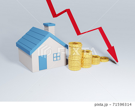 A decline in property prices. Lower mortgage interest rates. House price go down.  Real estate market economy with decreasing graph and red arrow going down. 3D of home with coin stack and red arrow 71596314