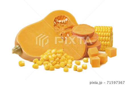 Butternut half, sliced sweet potato and corn isolated on white background Butternut half, sliced sweet potato and corn isolated on white background 71597367