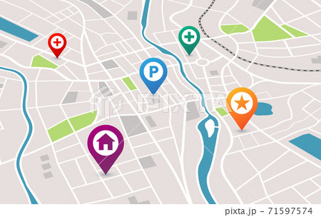 Navigation map with location pins, car GPS in city Navigation map with location pins, car GPS in city 71597574