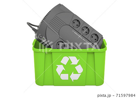 Recycling trashcan with sealed UPS battery, 3D rendering Recycling trashcan with sealed UPS battery, 3D rendering 71597984