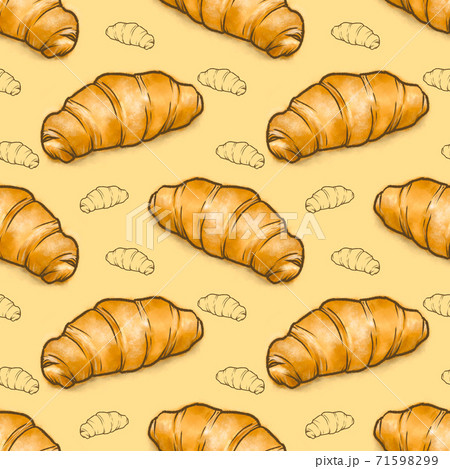 The digital painting of French croissant bread bakery seamless pattern background raster illustration. 71598299
