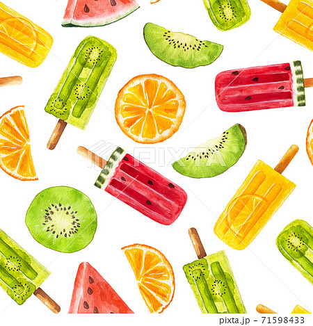 Seamless pattern with watercolor fruit popsicles with watermelon, kiwi and orange isolated on white background. Seamless pattern with watercolor fruit popsicles with watermelon, kiwi and orange isolated on white background. 71598433