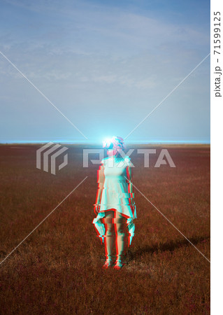 Woman goes into virtual reality using virtual reality headset. Image with glitch effect. Woman goes into virtual reality using virtual reality headset. Image with glitch effect. 71599125
