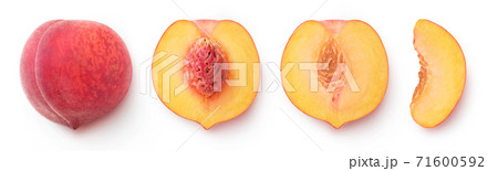Isolated cut peach fruit in a row, top view Isolated cut peach fruit in a row, top view 71600592