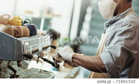 Cleaning of equipment in modern cafe during covid-19 pandemic Cleaning of equipment in modern cafe during covid-19 pandemic 71601532