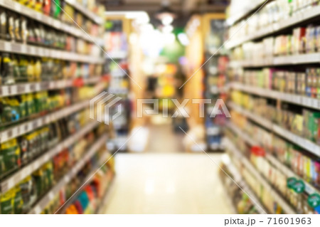 Grocery Store Aisle Abstract Blurred Background With Products On Shelves 71601963