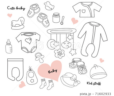 Big Set of doodles. Clothes, toys and things for a newborn baby. Vector. outline. Isolated on white 71602933