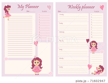 Cute girl planner templates - for a day, a week, a to-do list and a place to take notes. Organizer and schedule with notes and to-do list. Beautiful girl with flowers and balloons. Vector illustration Cute girl planner templates - for a day, a week, a to-do list and a place to take notes. Organizer and schedule with notes and to-do list. Beautiful girl with flowers and balloons. Vector illustration 71602947