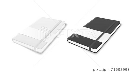Vector 3d Realistic White and Black Closed Blank Paper Notebook with Elastic Band and Label Set Isolated on White Background. Design Template, Copybook, Mockup, Advertise, Logo Print. Top Isometric 71602993