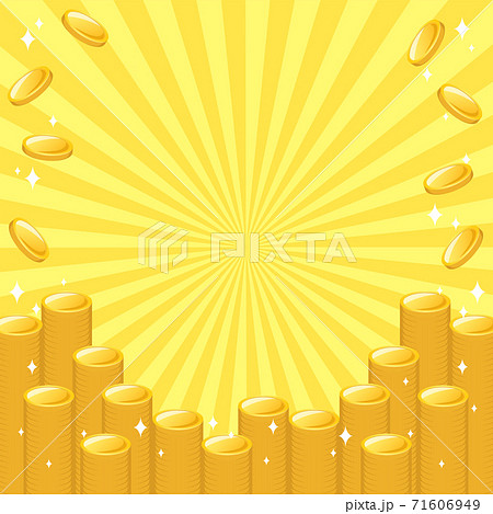 積み重なり輝くゴールドのコインのイラスト背景 中央からの集中線 複数バリエーションありのイラスト素材