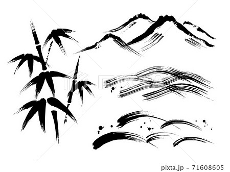 ベクターで編集しやすい日本の景色水墨画のイラスト素材 [71608605