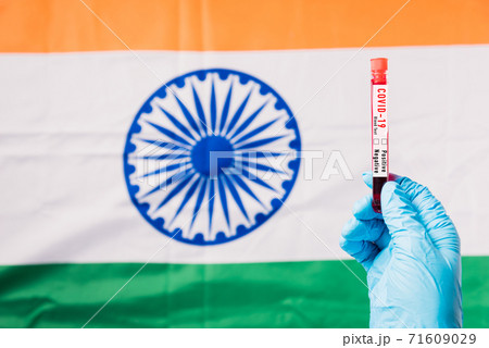 Hands of doctor wearing gloves holding blood test tube coronavirus 71609029