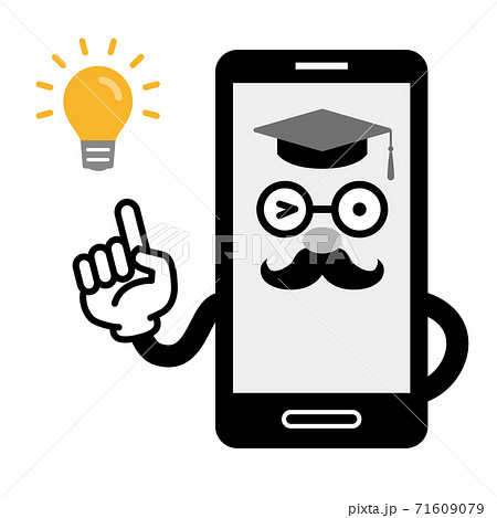 アイデアが閃いたスマホ博士 スマートフォンの擬人化キャラクター のイラスト素材