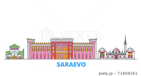 Bosnia And Herzegovina, Saraevo line cityscape, flat vector. Travel city landmark, oultine illustration, line world icons Bosnia And Herzegovina, Saraevo line cityscape, flat vector. Travel city landmark, oultine illustration, line world icons 71609261