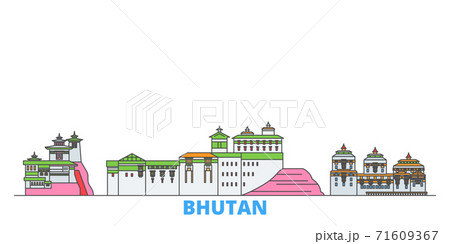 Bhutan line cityscape, flat vector. Travel city landmark, oultine illustration, line world icons 71609367