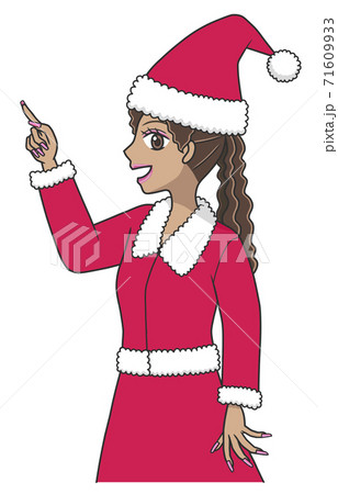 サンタの格好で上を指差すポニーテールの若い女性のイラスト素材