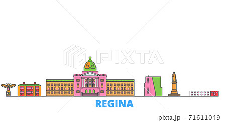 Canada, Regina line cityscape, flat vector. Travel city landmark, oultine illustration, line world icons Canada, Regina line cityscape, flat vector. Travel city landmark, oultine illustration, line world icons 71611049