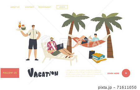 Freelancers on Vacation Landing Page Template. Male Characters Wear Summer Clothes under Palm Trees on Tropical Island 71611050
