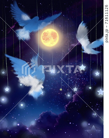 満月の周りを舞う青空のシルエットの三羽の鳩と夜空と星の背景画のイラスト素材