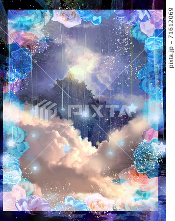 美しい薔薇のアーチの向こうに見える月と雲と流れ星と夜空のイラストのイラスト素材