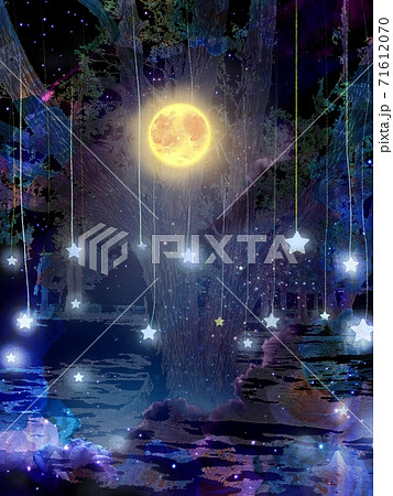 美しい薔薇のアーチの向こうに見える月と雲と流れ星と夜空のイラストのイラスト素材