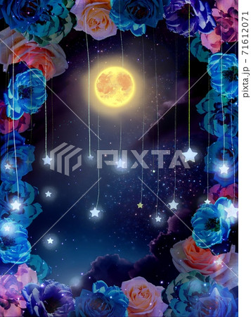 美しい薔薇のアーチの向こうに見える月と雲と流れ星と夜空のイラストのイラスト素材