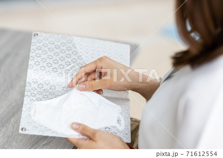 マスクケースに使用中のマスクを入れる女性の手元 マスクケースに使用中のマスクを入れる女性の手元 71612554