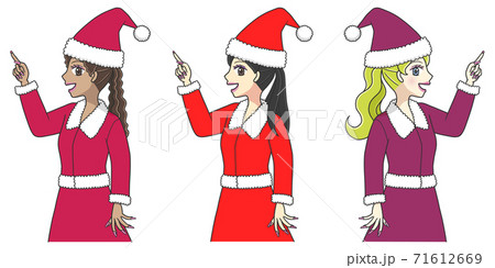 サンタの格好で上を指差すポニーテールの若い女性3人のイラスト素材