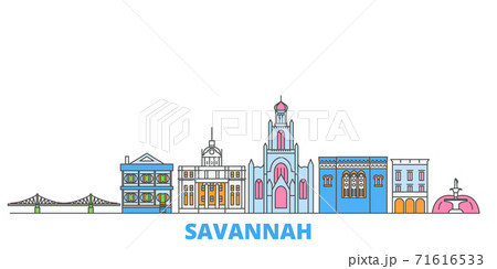 United States, Savannah line cityscape, flat vector. Travel city landmark, oultine illustration, line world icons United States, Savannah line cityscape, flat vector. Travel city landmark, oultine illustration, line world icons 71616533
