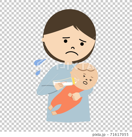 ミルクを嫌がる赤ちゃんと困る母親のイラストのイラスト素材