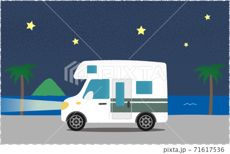 Vector illustration of a white camper van on the road by the sea with lights on at night Vector illustration of a white camper van on the road by the sea with lights on at night 71617536