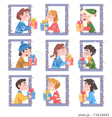 Cute Boys and Girls Looking out of the Windows Set, Kids Giving or Receiving Christmas Gifs, Merry Xmas and New Year, Happy Winter Holidays Concept Vector Illustration 71618083