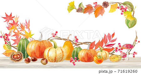 テーブルのハロウィンかぼちゃの飾りフレーム。水彩イラスト。 71619260
