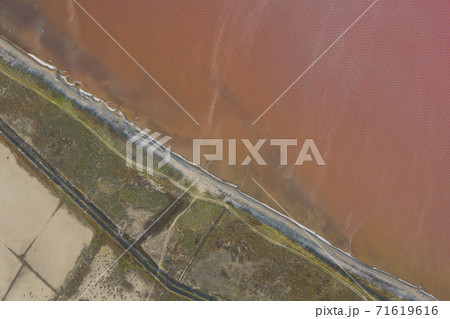 High angle drone view of pink lake where salt is extracted, Sasyk Sivash lake in Crimea 71619616