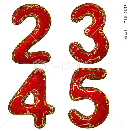 Number set 2, 3, 4, 5 made of realistic 3d render golden shining metallic. Collection of gold shining metallic with red color plastic symbol Number set 2, 3, 4, 5 made of realistic 3d render golden shining metallic. Collection of gold shining metallic with red color plastic symbol 71619858
